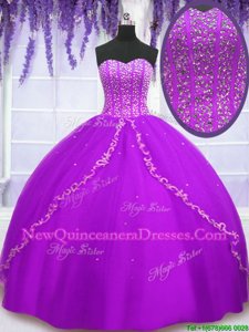 Colorful Purple Sleeveless Floor Length Beading and Sequins Lace Up Vestidos de Quinceanera