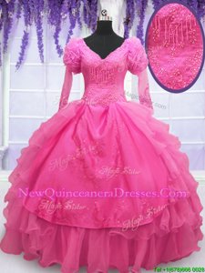 Lovely Hot Pink Lace Up 15th Birthday Dress Beading and Embroidery and Hand Made Flower Long Sleeves Floor Length