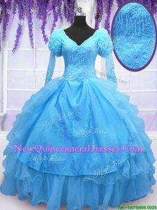 Classical Baby Blue Lace Up 15th Birthday Dress Beading and Embroidery and Hand Made Flower Long Sleeves Floor Length