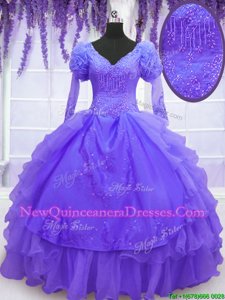Top Selling V-neck Long Sleeves Organza Quinceanera Gown Beading and Embroidery and Hand Made Flower Lace Up