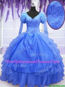 Gorgeous Blue Ball Gowns One Shoulder Long Sleeves Organza Floor Length Lace Up Beading and Embroidery and Hand Made Flower Quince Ball Gowns
