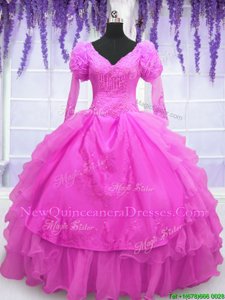 Clearance Hot Pink Lace Up V-neck Beading and Embroidery and Hand Made Flower Quinceanera Dresses Organza Long Sleeves