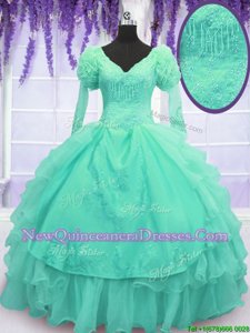 Amazing Turquoise Long Sleeves Beading and Embroidery and Hand Made Flower Floor Length Quinceanera Gowns