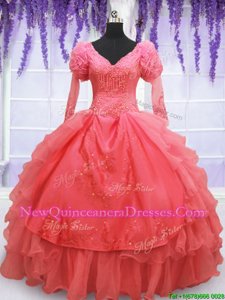 Customized Long Sleeves Organza Floor Length Lace Up Ball Gown Prom Dress inCoral Red withBeading and Embroidery