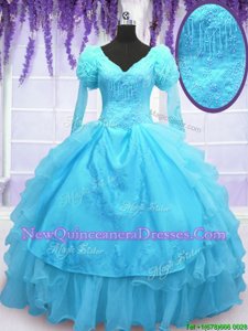 Nice Floor Length Ball Gowns Long Sleeves Baby Blue Vestidos de Quinceanera Lace Up
