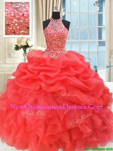 Fine Coral Red Sleeveless Beading and Pick Ups Floor Length Quince Ball Gowns