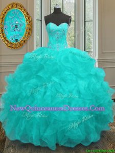 Customized Aqua Blue Sleeveless Beading and Embroidery and Ruffles Floor Length Quinceanera Gown