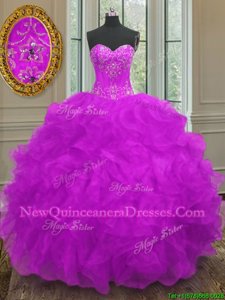 Flirting Sleeveless Organza Floor Length Lace Up Vestidos de Quinceanera inPurple withBeading and Embroidery and Ruffles