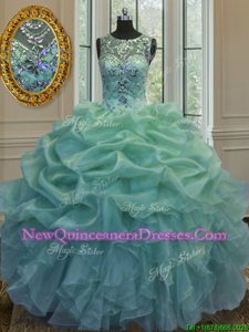 Dynamic Scoop Green Lace Up Ball Gown Prom Dress Beading and Ruffles and Pick Ups Sleeveless Floor Length