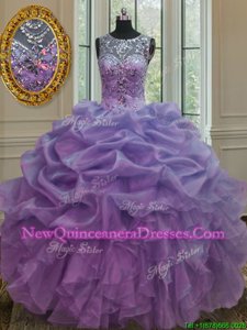 Lovely Pick Ups Ball Gowns Quinceanera Dress Lavender Scoop Organza Sleeveless Floor Length Lace Up