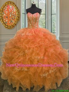 Fashion Orange Sweetheart Lace Up Beading and Ruffles Quince Ball Gowns Sleeveless