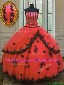 Most Popular Ball Gowns Quinceanera Dresses Red Strapless Tulle Sleeveless Floor Length Lace Up