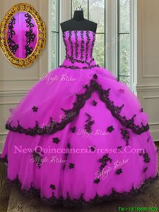 Great Fuchsia Strapless Neckline Appliques Quinceanera Gowns Sleeveless Lace Up
