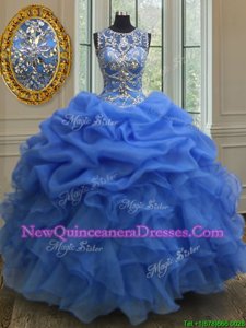 Custom Made Scoop Sleeveless Floor Length Beading and Ruffles Lace Up Quinceanera Gowns with Blue