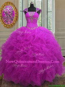 Glorious Sequins Ball Gowns 15 Quinceanera Dress Fuchsia Straps Organza Sleeveless Floor Length Lace Up