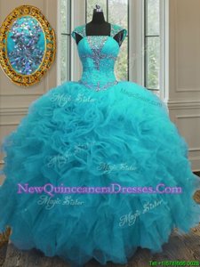 Decent Straps Straps Aqua Blue Cap Sleeves Beading and Ruffles and Sequins Floor Length Sweet 16 Dresses