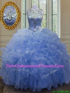 Beauteous Blue Ball Gowns Scoop Sleeveless Organza Floor Length Lace Up Beading and Ruffles Vestidos de Quinceanera