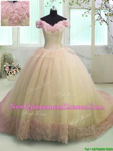 Beautiful Off the Shoulder Light Yellow Lace Up Sweet 16 Dress Hand Made Flower Short Sleeves With Train Court Train