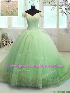 Dynamic Off the Shoulder With Train Yellow Green Quinceanera Gowns Organza Court Train Short Sleeves Spring and Summer and Fall and Winter Hand Made Flower