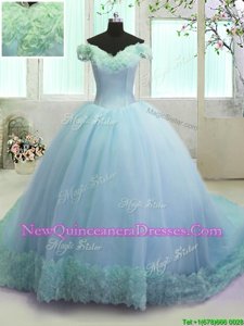 Off The Shoulder Sleeveless Court Train Lace Up Sweet 16 Dresses Light Blue Organza