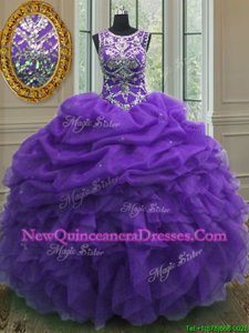Traditional Purple Organza Lace Up Scoop Sleeveless Floor Length Sweet 16 Dress Beading and Ruffles and Pick Ups