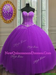 Dramatic Sweetheart Sleeveless Tulle Ball Gown Prom Dress Beading and Sequins Lace Up