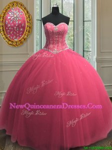 Nice Hot Pink Sweetheart Neckline Beading and Sequins Sweet 16 Quinceanera Dress Sleeveless Lace Up