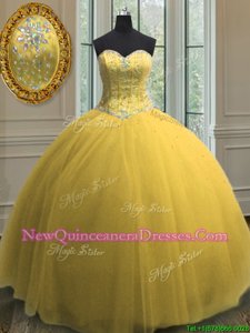 Sweet Yellow Ball Gowns Tulle Sweetheart Sleeveless Beading and Sequins Floor Length Lace Up 15th Birthday Dress
