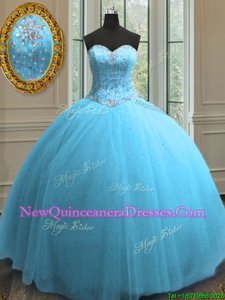 Modest Baby Blue Sleeveless Beading and Sequins Floor Length Sweet 16 Dresses