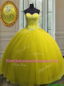 Gold Tulle Lace Up Sweetheart Sleeveless Floor Length 15th Birthday Dress Beading and Sequins