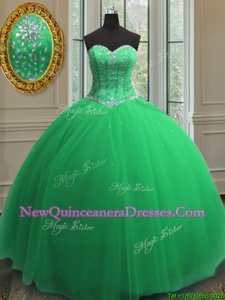 Hot Sale Floor Length Spring Green Quinceanera Dress Tulle Sleeveless Spring and Summer and Fall and Winter Beading and Sequins