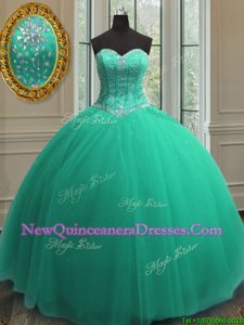 Suitable Sleeveless Floor Length Beading and Sequins Lace Up 15 Quinceanera Dress with Turquoise