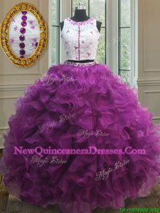 Custom Fit Scoop Fuchsia Sleeveless Floor Length Appliques and Ruffles Clasp Handle Quinceanera Dress