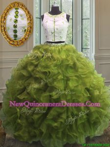 Ideal Scoop Clasp Handle Floor Length Olive Green Vestidos de Quinceanera Organza Sleeveless Spring and Summer and Fall and Winter Appliques and Ruffles
