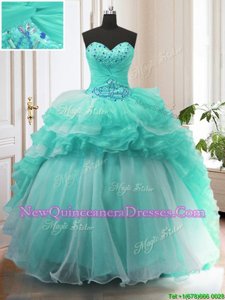 Eye-catching Sweetheart Sleeveless Quinceanera Dresses With Train Sweep Train Beading and Ruffles Turquoise Organza