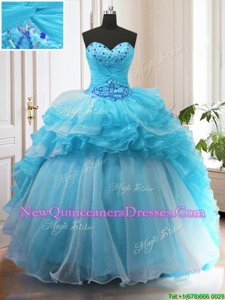 Colorful Spring and Summer and Fall and Winter Organza Sleeveless Quince Ball Gowns Sweep Train andBeading and Ruffled Layers