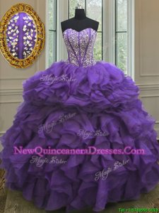 Graceful Sleeveless Lace Up Floor Length Beading and Ruffles 15th Birthday Dress