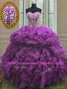 Purple Sleeveless Floor Length Beading and Ruffles Lace Up Ball Gown Prom Dress