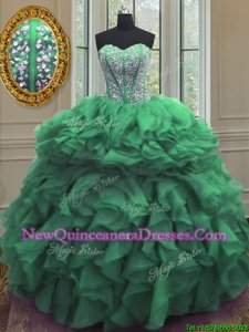 Shining Beading and Ruffles Quinceanera Dresses Green Lace Up Sleeveless Floor Length
