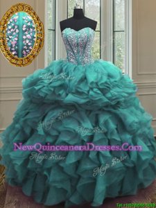 Popular Sweetheart Sleeveless 15 Quinceanera Dress Floor Length Beading and Ruffles Turquoise Organza