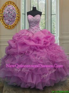 Flare Sleeveless Floor Length Beading and Ruffles and Pick Ups Lace Up Ball Gown Prom Dress with Lilac
