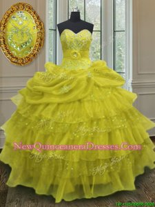 Designer Yellow Sweetheart Lace Up Beading and Ruffled Layers and Pick Ups Quinceanera Dresses Sleeveless