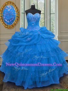 Dynamic Blue Ball Gowns Organza Sweetheart Sleeveless Beading and Ruffled Layers and Pick Ups Floor Length Lace Up Quinceanera Gowns