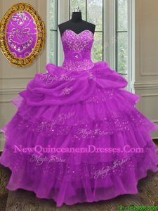 Modest Halter Top Spring and Summer and Fall and Winter Organza Sleeveless Floor Length Vestidos de Quinceanera andBeading and Ruffled Layers and Pick Ups