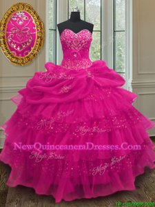 Ideal Fuchsia Organza and Sequined Lace Up Sweetheart Sleeveless Floor Length Quinceanera Gown Beading and Ruffled Layers and Sequins and Pick Ups