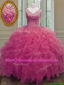 Affordable Hot Pink Sleeveless Floor Length Beading and Ruffles Zipper 15th Birthday Dress