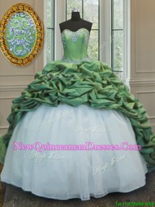 Glamorous Green Organza and Taffeta Lace Up Sweetheart Sleeveless With Train Quinceanera Gowns Sweep Train Beading and Appliques and Pick Ups