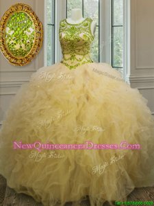 Delicate Scoop Beading and Ruffles Quinceanera Dresses Light Yellow Lace Up Sleeveless Floor Length