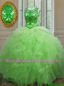 Latest Scoop Beading and Ruffles Quinceanera Gowns Spring Green Lace Up Sleeveless Floor Length