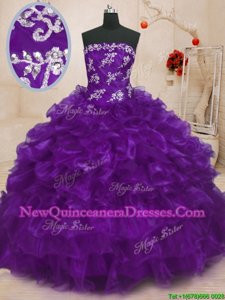 Best Selling Purple Quinceanera Dresses Military Ball and Sweet 16 and Quinceanera and For withBeading and Appliques and Ruffles Strapless Sleeveless Lace Up